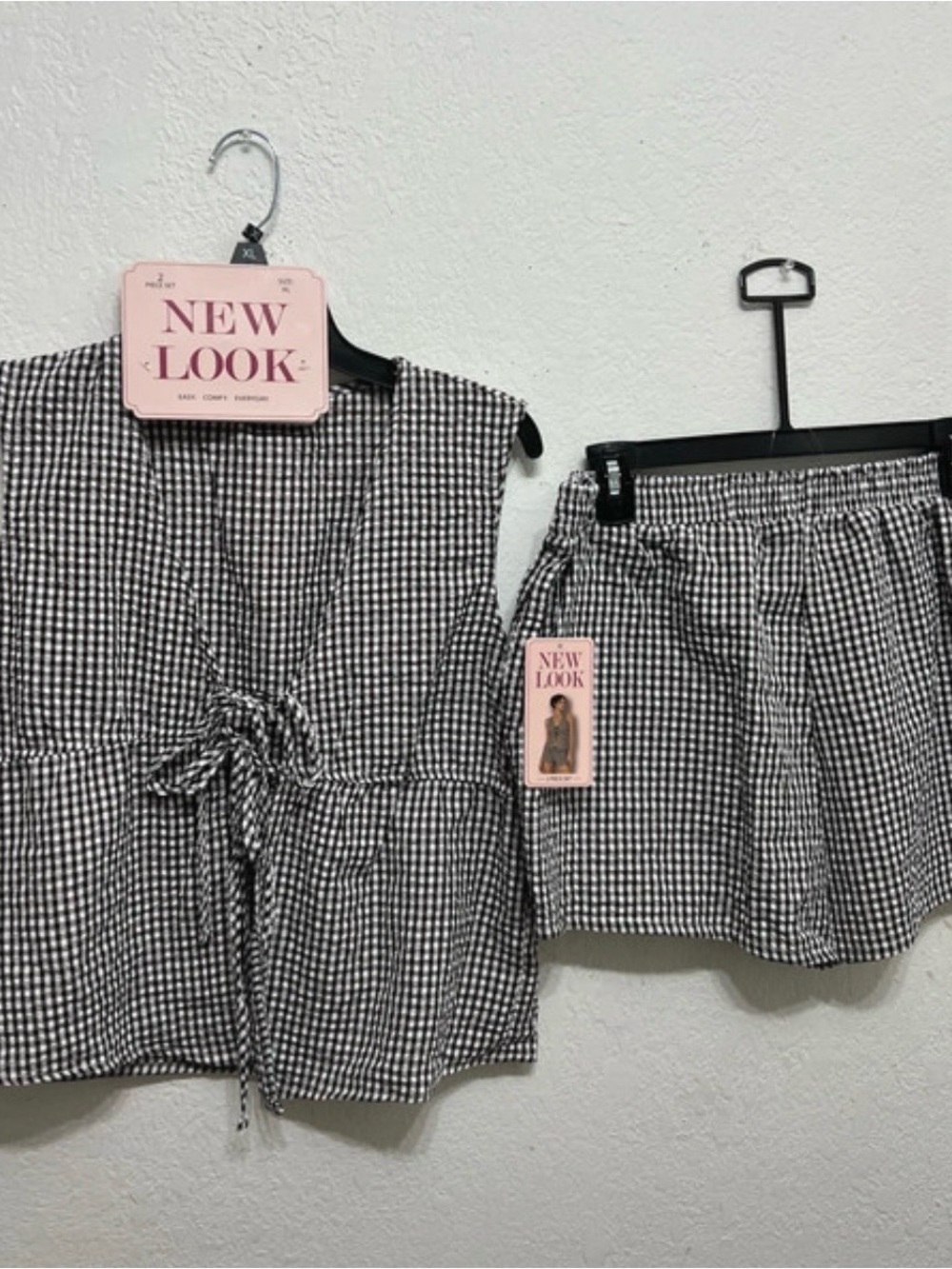 New Look Black & White Gingham Tie-Front Top and Mini Skirt Set
